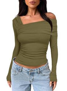 lot 21933 image: Darong Womens Off Shoulder Ruched Shirts 2024 Fall Long Sleeve Lightweight Going Out Pullover Blouse Tops 9033 Army Green S