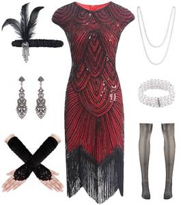 lot 21935 image: WILDPARTY 1920s Women Flapper Dresses Gatsby Sequin Dresses Vintage Lace Fringed Cocktail Dress with 20s Accessories Set(Red M)