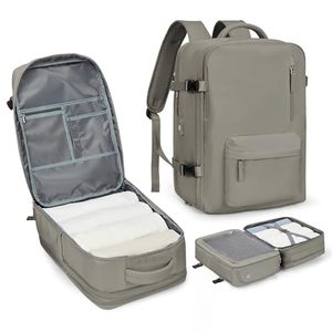 lot 21942 image: Large Travel Laptop Backpack, Expandable Flight Approved Backpack, Carry on Backpack for Women, Waterproof 17inch Laptop Hiking Backpack with Shoe Compartment, Grey Brown