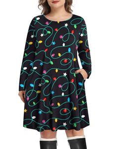 lot 21945 image: Christmas Dresses for Women Plus Size Long Sleeve Funny Swing Ugly Xmas Light Printed Tunics Cute Party Junior Dress 14 w