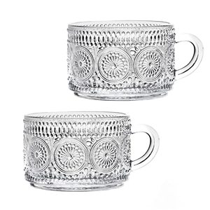 lot 21959 image: Amzcku Vintage Coffee Tea Cups, Glass Mugs 14 Oz Set of 2 Embossed Glassware with Handle, for Cappuccino, Latte, Cereal, Yogurt, Beverage HotCold, Milk