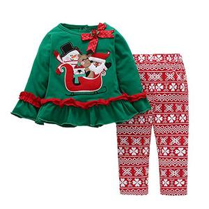 lot 21982 image: Christmas Outfit Toddler Infant Baby Girls Ruffle Top Clothes Set Deer Print Shirt Dress Pants Set (Green, 18-24M) 100