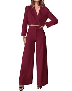 lot 21985 image: PRETTYGARDEN Ladies Elegant Open Front Button Blazer Jackets Elastic Waist Wide Leg Pant Set Fall 2 Piece Outfits 2024(Solid Wine Red,Small)