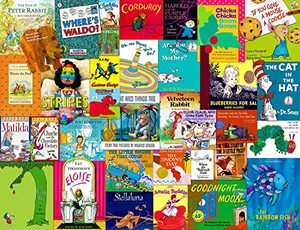 lot 21990 image: Springbok Childhood Stories 1000 Piece Jigsaw Puzzle for Adults & Kids Features Book Covers from Some of Your Favorite Childhood Stores