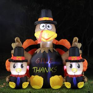 lot 21991 image: DomKom 6FT Long Thanksgiving Inflatables Turkey Family, Turkey Decor with Pilgrim Hat & Colorful Tail, Happy Thanksgiving Blow up Turkey Decorations Outdoor Built-in LED Lights Yard Autumn Harvest