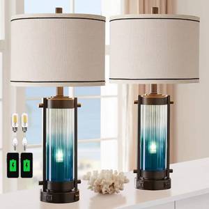 lot 22005 image: RORIA Set of 2 Modern Table Lamps with 2 USB Ports, Gradient Blue Glass Bedside Lamp with Night Light, Contemporary Desk Lamps for Bedroom Nightstand, Living Room End, 4 Bulbs Included (Blue)