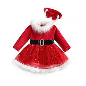 lot 22022 image: Toddler Baby Girl Christmas Dress Santa Claus Red Princess Long Sleeve Tulle Dress with Headband Outfits (18-24 Months, Red Long Sleeve)