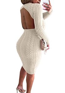 lot 22024 image: Tcremisa Womens Sexy Backless Cable Knit Sweater Dress Casual Long Sleeve Bodycon Mid-Long Dresses White