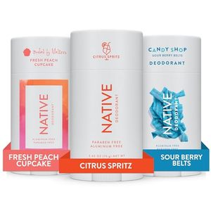 lot 22036 image: Native Deodorant Contains Naturally Derived Ingredients  Deodorant for Men & Women, Seasonal, Aluminum Free with Baking Soda, Probiotics  Fresh Peach Cupcake, Citrus Spritz, Sour Berry Belts, 3 Pk