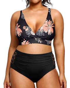 lot 22037 image: Yonique Womens Plus Size Bikini High Waisted Swimsuits Two Piece Bathing Suits Tummy Control Swimwear Black and Flower M