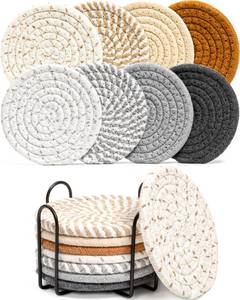 lot 22052 image: Crafizon 8 Pcs Drink Coasters with Holder, 8 Colors Absorbent Coasters for Drinks Minimalist Cup Coasters Cotton Coaster Set Woven Coasters for Coffee Table Home Decor Bar Housewarming Gift, 4.3 Inch