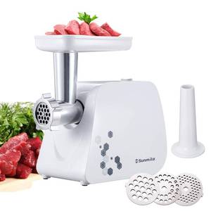 lot 22057 image: Sunmile Electric Meat Grinder and Sausage Maker - 1HP 1000W Max - Stainless Steel Cutting Blade and 3 Grinding Plates,1 Big Sausage Staff Maker (White)