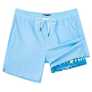 lot 22061 image: SURF CUZ Mens Swim Trunks with Compression Liner Mens Swimming Trunks 5 Inch Bathing Suit with Zipper Pockets Quick Dry Swim Shorts Light Blue Print Large