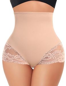 lot 22062 image: DERCA Tummy Control Shapewear Underwear for Women High Waisted Lace Shaping Panties Seamless Body Shaper Girdle Panty(A# Beige-lace Trim,Small)