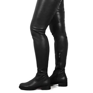 lot 22065 image: YING LAN Over the Knee High Boots for Women Sexy Zipper Round Toe Low Chunky Heel Faux Leather Surgical Stretch Riding Thigh High Boots Black Size 8.5