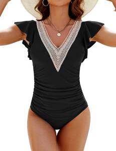 lot 22066 image: Blooming Jelly Womens Tummy Control Swimsuits Vintage Ruffle Bathing Suits Lace V Neck Swimwear (Large,Black)