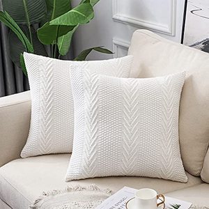 lot 22076 image: LiBcmlian White Knitted Throw Pillow Covers 18x18 Set of 2 Cotton Pillow Cushion Cases Cable Knit Decoration Square Pillowcases for Couch Sofa Bedroom Living Room Car