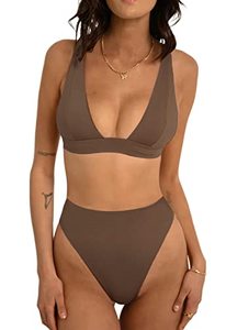 lot 22433 image: Forjunlyup Womens Brazilian Bikini High Waisted Triangle Bikini Set 2 Piece Cheeky Bathing Suits with Adjustable Spaghetti Straps(Brown,S)