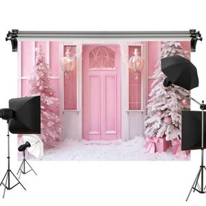 lot 22438 image: Kate 7x5ft2.2x1.5m Winter Pink House Snow Backdrop Christmas Tree Bells Computer Painted Fabric Background Photo Studio Props