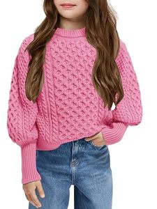 lot 22447 image: rrhss Girls Cable Knit Sweaters Kids Fall Fashion Puff Sleeve Ribbed Cuffs Crewneck Clothes 5-14 Years Pink