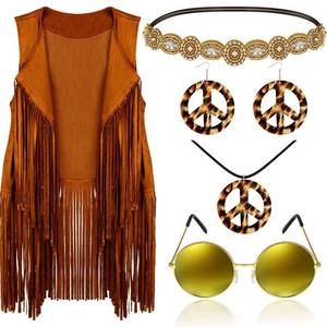 lot 22448 image: 6 Pcs 60s 70s Outfits for Women Hippie Costume Set Peace Sign Earring Headband Fringe Vest Tassel Cardigan (Khaki,Medium)