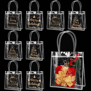 lot 22457 image: Talltalk 50pcs Christmas Clear Gift Bags with Handles Bulk Golden Xmas Tree Plastic PVC Candy Treat Wrap Tote Bags for Winter Holiday Frozen Party Wedding Birthday Party Favors, 6.3 x 5.9 x 2.8 Inch