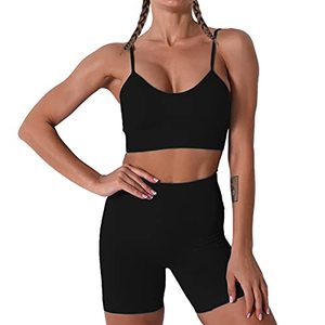 lot 22460 image: Women Seamless Yoga Set 2 Piece Workout Sport Bra with High Waist Shorts Legging Outfit Tracksuit.JNINTH (Black, L)