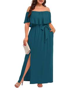 lot 22461 image: Plus Size Blue Green Off The Shoulder Maxi Long Casual Beach Dress Pockets Women