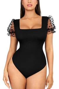 lot 22470 image: FeelinGirl Womens Sheer Mesh Square Neck Short Sleeve Skinny Tummy Control Shapewear Thong Bodysuit Tops Dressy Black M