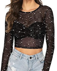lot 22757 image: MANGOPOP Womens Short Sleeve Long Sleeve Sheer Mesh Crop Tops Tee Shirt Blouse S