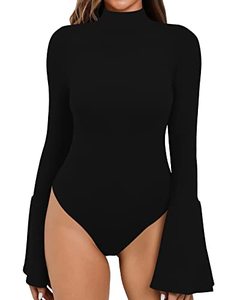lot 22758 image: MANGOPOP Bell Sleeve Mock Neck Long Sleeve Short Sleeve Bodysuit for Going Out Tops for Women (A Long Sleeve Black, Small)