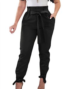 lot 22769 image: GOBLES Women Solid Casual Work Trousers High Waist Ruffle Bow Tie Pants Black Large