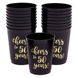 lot 22775 image: 16 Pack Cheers to 50 Years Plastic Party Cups - 50th Birthday Decorations for Men and Women, Anniversaries (Black, 16 oz)