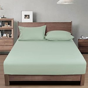 lot 22786 image: PHF 100% Washed Cotton Fitted Sheet Full Size - Linen Like Cozy Soft Bottom Sheet Only with Elastic 16 Deep Pockets, Easy Fit Breathable Warm not Shrink,54x 75,Sage Green,No Pillowcase