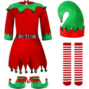 lot 22812 image: Syhood 4Pcs Women Christmas Elf Costume Santas Helper Costume Elf Outfit Dress with Elf Hat Shoes Belt Striped Stocking (Bright Color,X-Large)