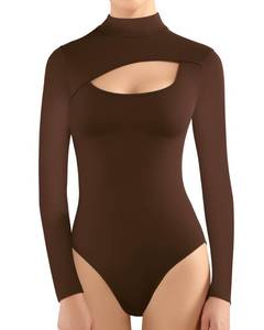 lot 22823 image: MANGOPOP Mock Turtleneck Long Sleeve Bodysuits for Women Cutout Front Body Suit(Medium,Coffee)