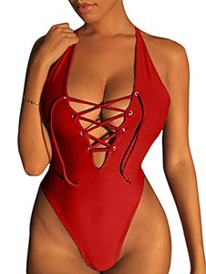 lot 22827 image: ZileZile Womens Sexy Summer Deep V Neck Lace Up Strappy Cross Backless Monokini High Waist Bathing Swimsuits red M