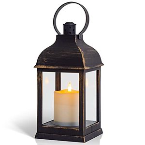 lot 22836 image: Yongmao Vintage Lantern Decorative LED Flickering Flameless Candle with Timer, Battery Powered LED Decorative Hanging Golden Brushed Black Lanterns for Indoor Outdoor Garden Yard Home Decor(1 Pack)