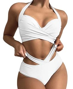 lot 22837 image: Rooscier Womens 2 Piece Retro Wrap Halter Ruched Cut Out High Waist Bikini Set Swimsuits White Small