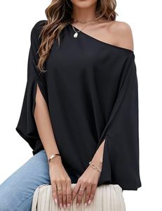 lot 22838 image: VIMPUNEC Womens Off The Shoulder Flowy Tops Casual Batwing Sleeves Blouses Loose Chiffon Shirts Black s