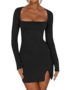 lot 22839 image: Kaximil Womens Sexy Bodycon Long Sleeve Dress Square Neck Backless Slit Party Mini Dresses, Small, Black