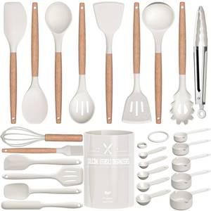 lot 22840 image: Kitchen Utensils Set, 26 Pcs Non-Stick Silicone Cooking Utensils Spatula Set with Holder, Sturdy Wooden Handle, Heat Resistance Silicone Kitchen Gadgets Utensils Set, White