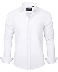 lot 22844 image: J.VER Mens Dress Shirts Solid Long Sleeve Stretch Wrinkle-Free Shirt Regular Fit Casual Button Down Shirts White Medium