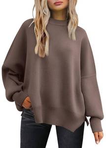 lot 22849 image: LILLUSORY Womens Crewneck Batwing Long Sleeve Sweater 2023 Fall Oversized Ribbed Knit Side Slit Pullover Top Rose Red