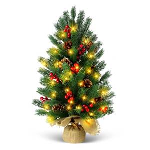 lot 22858 image: 24 Inch Tabletop Christmas Tree with 50 LED Lights, 2FT Prelit Small Xmas Tree with Timer, 50 Pine Branches, 8 Pinecones, 56 Red Berries, Battery Powerd Burlap Wooden Base, Winter Home Decorations