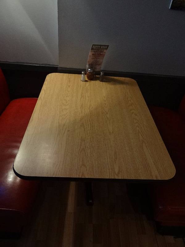 lot 5226 image: 42x30 Laminate Wood Top Single Metal Base Dining Tables