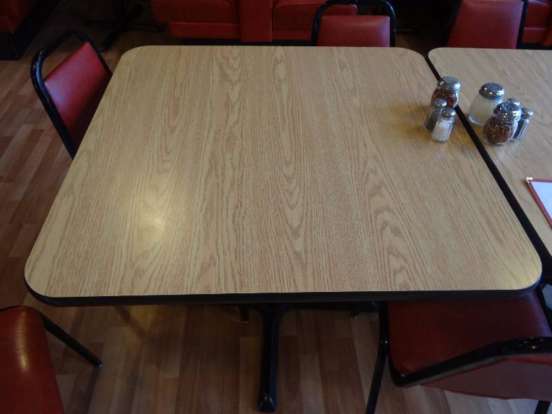 lot 5235 image: 35-12 Square Laminate Wood Top Single Metal Base Dining Table
