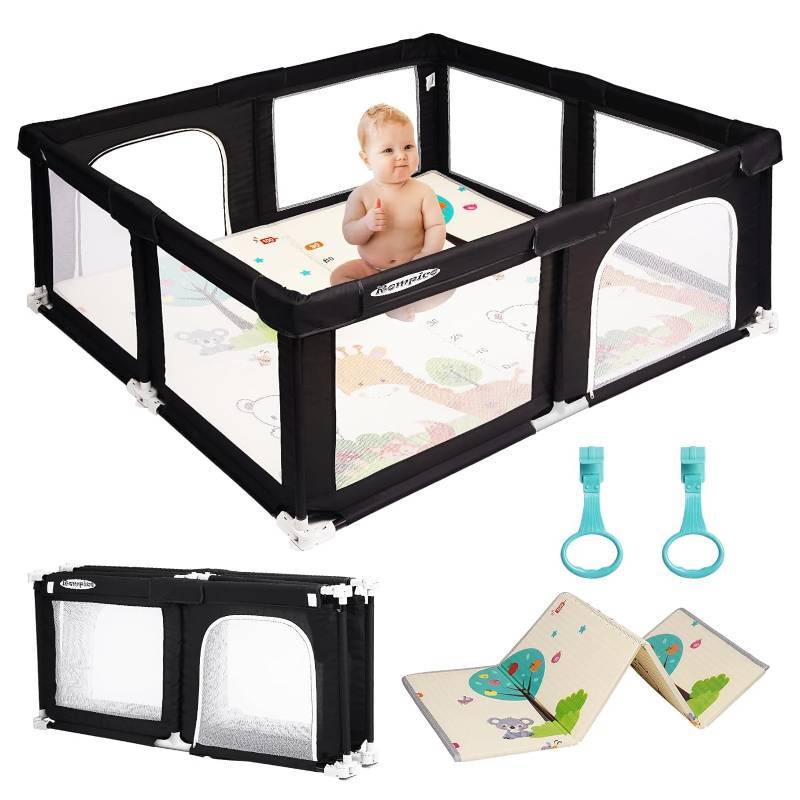 lot 94456 image: ROMPICO Portable Playpen Activity Center with Mat, Zipper Gate and Breathable Mesh, Foldable 59 x 59 Inch, Black