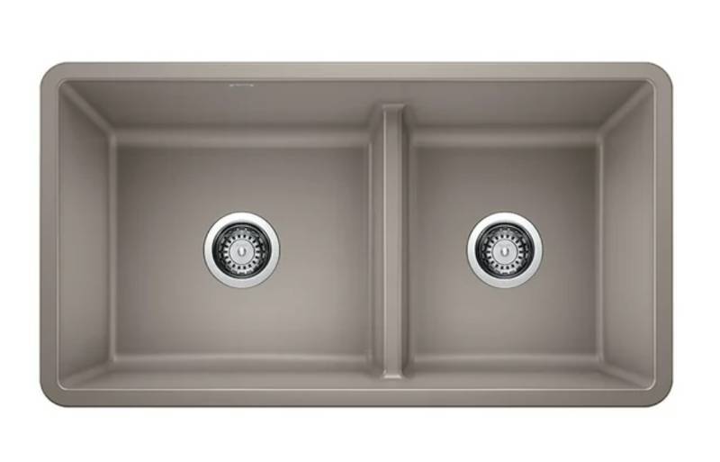 lot 96110 image: BLANCO PRECIS 1.75 Low Divide Undermount Sink - Truffle - Retail $581.75 Small Scratch Inside