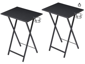 lot 6264 image: VECELO Foldable TV Tray Portable Wooden Snack Table for Livingroom, Bedroom, Office, Tiny Desk, 2 Pack, Black